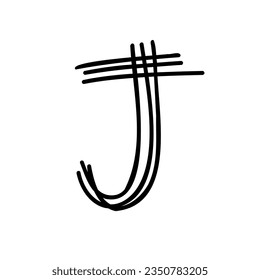 Hand drawn J letter latin english in doodle scribble brush hand drawn style isolated on white background. For lettering, presentation, font, education, logo, signboard, branding, abc, alphabet.