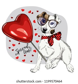 Hand drawn Jack Russel terrier with heart shape baloon. Vector Valentine day greeting card. Cute colorful dog wears glasses, bandana. Romantic design. Love pet portrait. Poster, banner. Spread love.