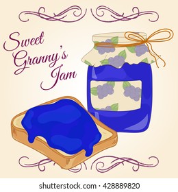 Hand drawn jam jar and jelly sandwich. Sweet Granny's jam. Hand drawn illustration in sketch style. Jam jar and bread with jam.