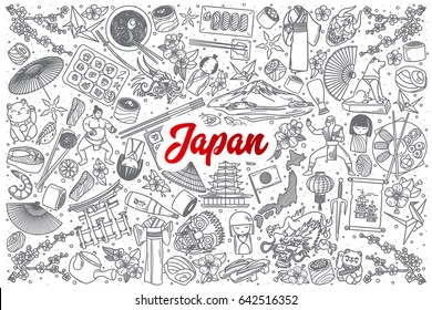 Hand drawn Japan doodle set background with red lettering in vector