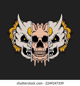 Hand drawn Japan Mask Skull Illustration