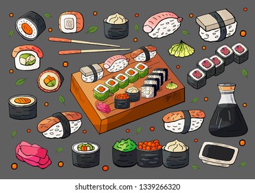 Hand drawn japan sushi and rolls sets. Vector big sushi and rolls collection on grey background