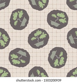 Hand drawn japanese bonsai tree symbol seamless pattern. Soft ecru beige neutral tone. Grid background. Asian animal yin yang icon zakka backdrop, Japan allover kawaii stationery. Vector swatch repeat