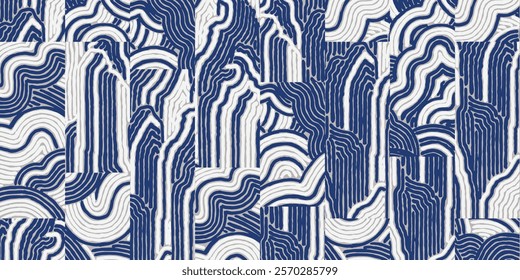 Hand drawn Japanese brush line abstract cloud and mountains patchwork pattern, Ethnic folk wood carving, engraving, basketry surface texture design, oriental graphic blocks for textile, fabric, carpet