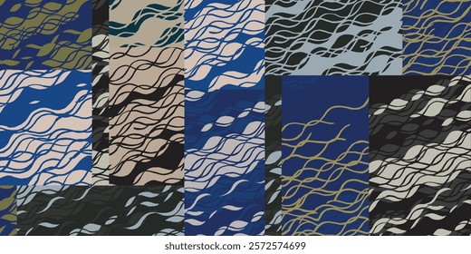 Hand drawn Japanese brush line abstract wave patchwork pattern, Ethnic folk wood carving, engraving, basketry surface texture design, simple oriental graphic for textile, fabric, carpet