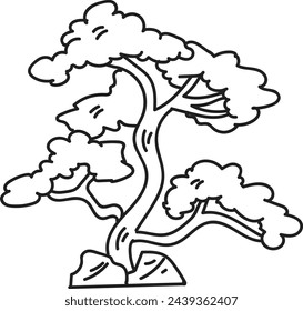 Hand Drawn Japanese and Chinese style bonsai trees in flat style isolated on background