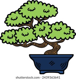 Hand Drawn Japanese and Chinese style bonsai trees in flat style isolated on background