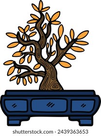 Hand Drawn Japanese and Chinese style bonsai trees in flat style isolated on background