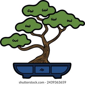 Hand Drawn Japanese and Chinese style bonsai trees in flat style isolated on background