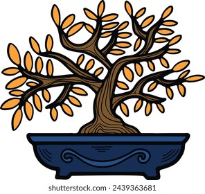 Hand Drawn Japanese and Chinese style bonsai trees in flat style isolated on background