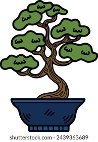 Hand Drawn Japanese and Chinese style bonsai trees in flat style isolated on background