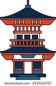 Hand Drawn Japanese and Chinese style pavilions or pagodas in flat style isolated on background