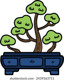 Hand Drawn Japanese and Chinese style bonsai trees in flat style isolated on background