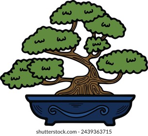 Hand Drawn Japanese and Chinese style bonsai trees in flat style isolated on background