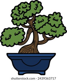Hand Drawn Japanese and Chinese style bonsai trees in flat style isolated on background
