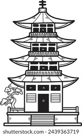 Hand Drawn Japanese and Chinese style pavilions or pagodas in flat style isolated on background