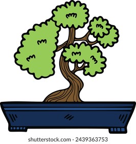 Hand Drawn Japanese and Chinese style bonsai trees in flat style isolated on background