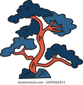 Hand Drawn Japanese and Chinese style bonsai trees in flat style isolated on background