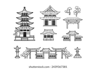 Hand Drawn Japanese and Chinese style pavilions or pagodas in flat style isolated on background