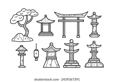 Hand Drawn Japanese and Chinese style pavilions or pagodas in flat style isolated on background