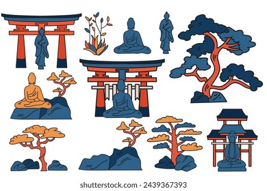 Hand Drawn Japanese and Chinese style pavilions or pagodas in flat style isolated on background