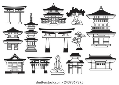 Hand Drawn Japanese and Chinese style pavilions or pagodas in flat style isolated on background