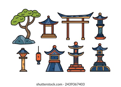 Hand Drawn Japanese and Chinese style pavilions or pagodas in flat style isolated on background