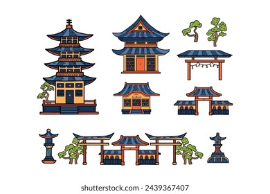 Hand Drawn Japanese and Chinese style pavilions or pagodas in flat style isolated on background