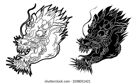 Hand drawn Japanese dragon head on white background.doodle art and Fairytale animal dragon's head.