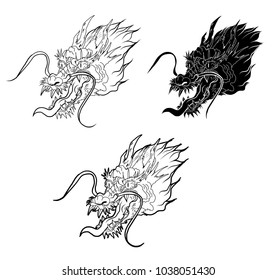 Hand drawn Japanese dragon head on white background.doodle art and Fairytale animal dragon's head.