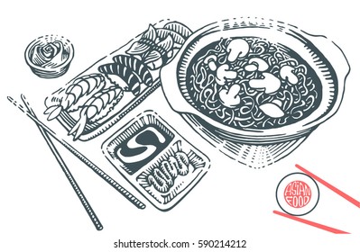 Hand drawn japanese food illustration in engraving style. Sushi, japanese noodle with mushrooms, soy sauce, ginger and chopstick. Vector black elements isolated on white background.