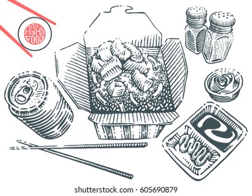 Hand drawn japanese food illustration in engraving style. Rice box with chicken, soy sauce, ginger and chopstick. Can drink. salt and pepper. Vector black elements isolated on white background.