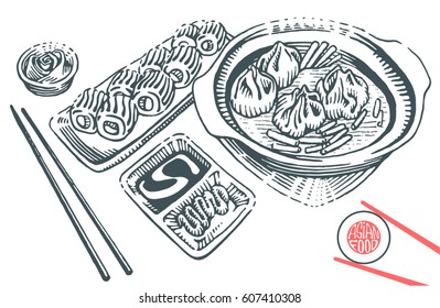 Hand drawn japanese food illustration in engraving style. Rolls, japanese wantons, soy sauce, ginger and chopstick. Vector black elements isolated on white background.