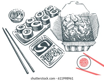 Hand drawn japanese food illustration in engraving style. Rice box with chicken, rolls, soy sauce, ginger and chopsticks. Vector black elements isolated on white background.