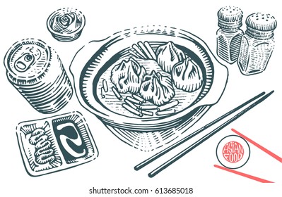 Hand drawn japanese food illustration in engraving style. Wantons, soy sauce, ginger and chopstick. Can drink. Salt and pepper. Vector black elements isolated on white background.