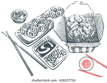 Hand drawn japanese food illustration in engraving style. Rice box with chicken, rolls, soy sauce, ginger and chopsticks. Vector black elements isolated on white background.