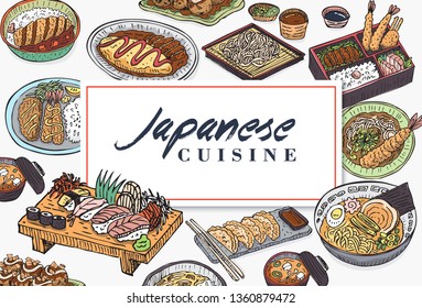 Hand drawn Japanese food, Menu design, Vector Illustration