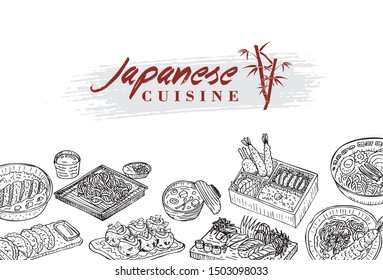 Hand drawn Japanese food menu. Vector illustration.