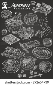 Hand drawn Japanese food on chalkboard, vector