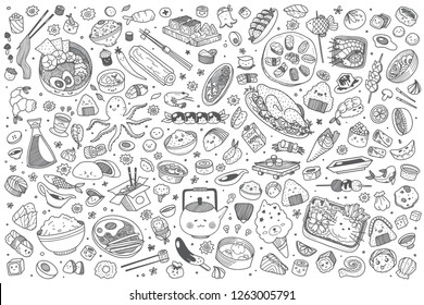 Hand drawn Japanese food set doodle vector illustration background