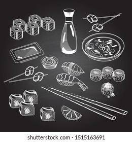 Hand drawn Japanese food set on chalkboard. Vector hand drawn sushi set. Vintage sketch illustration. Asian food engraved sketch. Asian cuisine menu on chalkboard background.