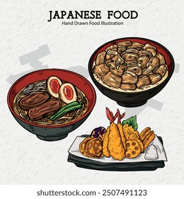 Hand Drawn Japanese Food Set Ramen, Mixed Tempura and Pork Rice Bowl Food Illustration