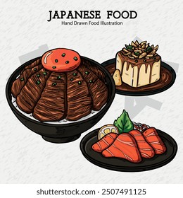 Hand Drawn Japanese Food Set Beef Rice Bowl Sashimi and Cold Tofu Salad Food Illustration