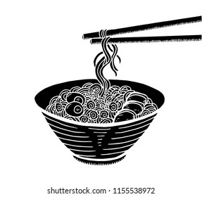Hand drawn Japanese food sketch Illustration. Retro style. Sushi bar. Miso soup. Ramen