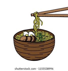 Hand drawn Japanese food sketch Illustration. Retro style. Sushi bar. Miso soup. Ramen