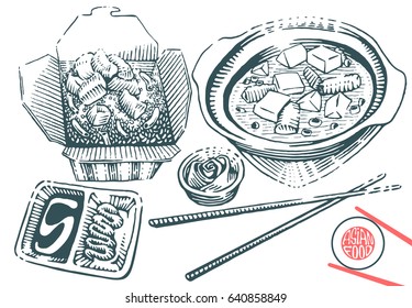 Hand drawn japanese food vector illustration in engraving style. Japanese soup with tofu, soy sauce, ginger and chopsticks. Rice box with chicken. Isolated on white.