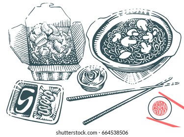 Hand drawn japanese food vector illustration in engraving style. Japanese noodle with mushrooms, soy sauce, ginger and chopsticks. Rice box with chicken. Isolated on white.