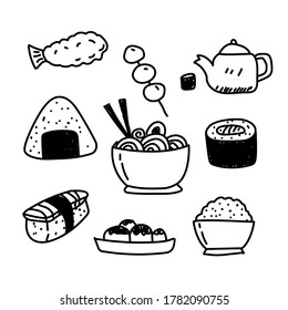 Hand drawn japanese foods doodle collection such as sushi, onigiri and more isolated on white background 