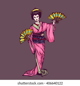 Hand drawn japanese girl with fans. geisha. kimono.asian