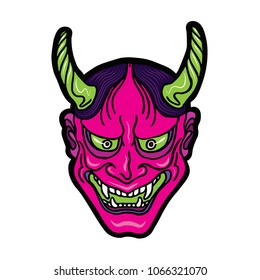 Hand drawn Japanese hannya demon neon pink and green theatre betrayed woman mask with eyes and mouth wide open, sharp teeth and dark hair. Vector isolated illustration on a light background.